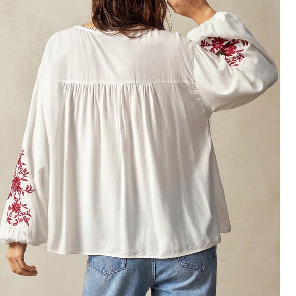 Plus Boho Floral Embroidered Square Neck Flounce Sleeve Blouse - Picture 6 of 6